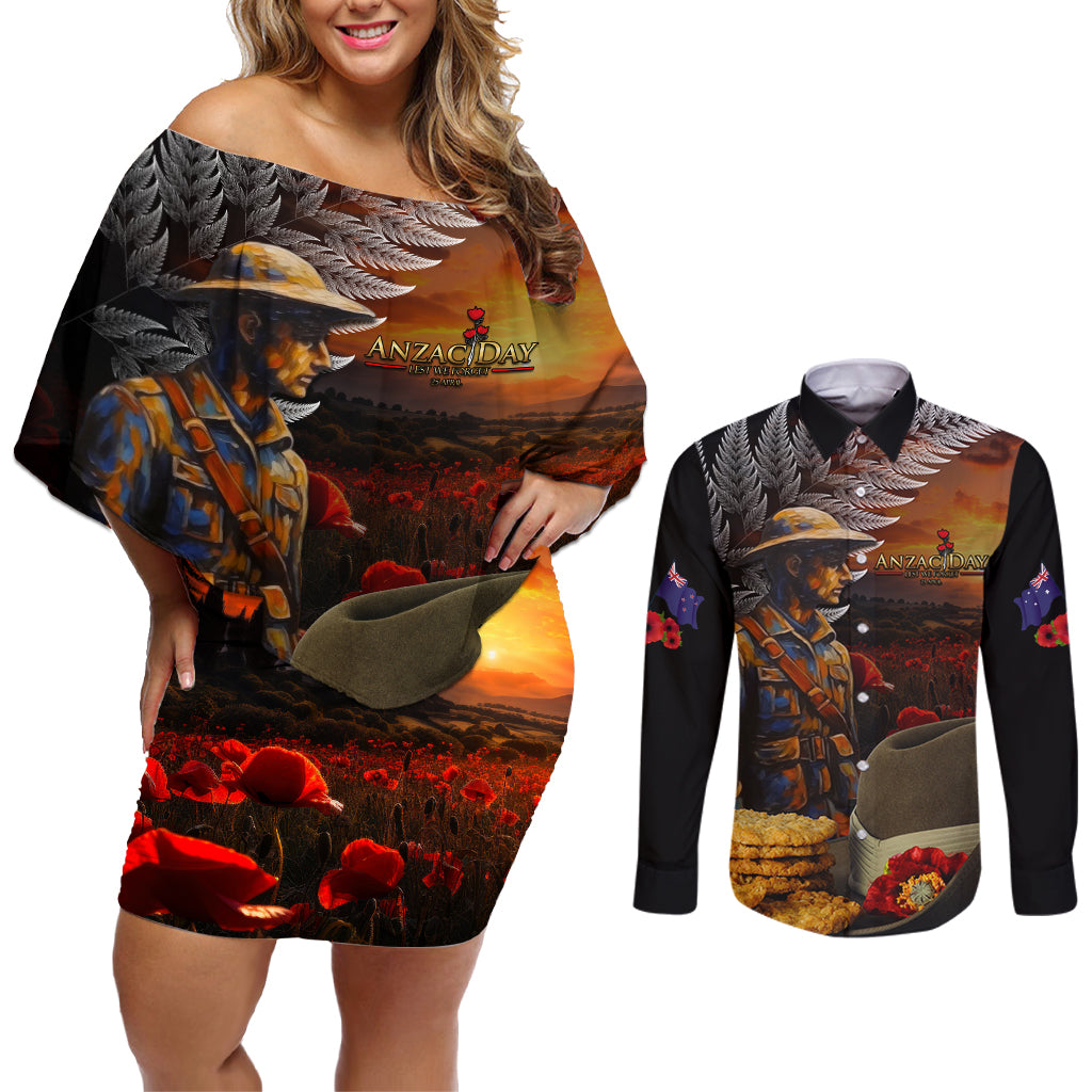 Slouch Hat and Biscuits ANZAC Couples Matching Off Shoulder Short Dress and Long Sleeve Button Shirt with Soldier Silver Fern