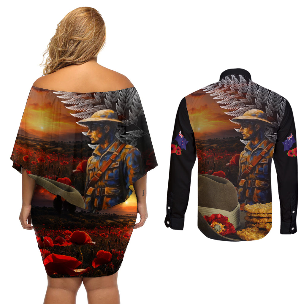 Slouch Hat and Biscuits ANZAC Couples Matching Off Shoulder Short Dress and Long Sleeve Button Shirt with Soldier Silver Fern
