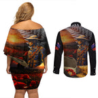 Slouch Hat and Biscuits ANZAC Couples Matching Off Shoulder Short Dress and Long Sleeve Button Shirt with Soldier Silver Fern