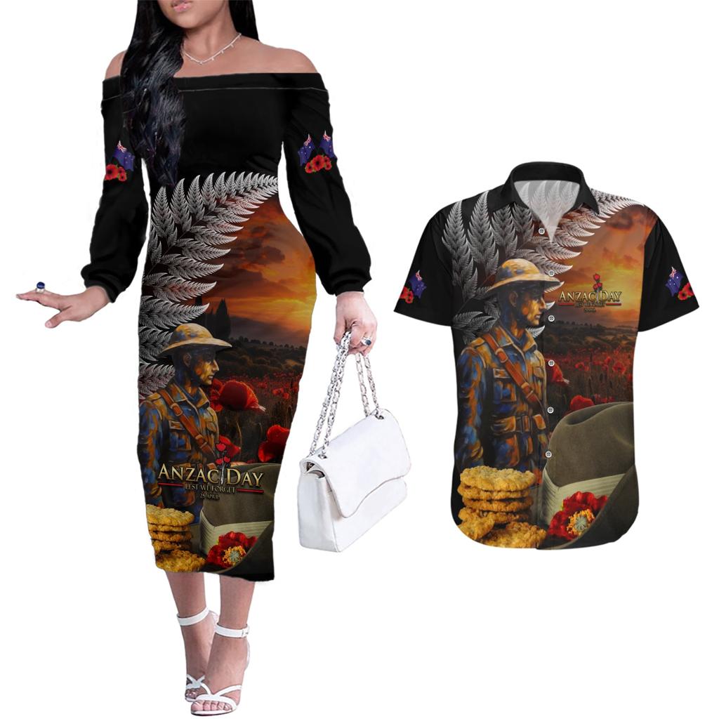 Slouch Hat and Biscuits ANZAC Couples Matching Off The Shoulder Long Sleeve Dress and Hawaiian Shirt with Soldier Silver Fern