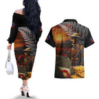 Slouch Hat and Biscuits ANZAC Couples Matching Off The Shoulder Long Sleeve Dress and Hawaiian Shirt with Soldier Silver Fern