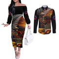 Slouch Hat and Biscuits ANZAC Couples Matching Off The Shoulder Long Sleeve Dress and Long Sleeve Button Shirt with Soldier Silver Fern