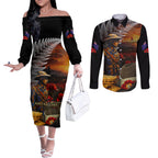 Slouch Hat and Biscuits ANZAC Couples Matching Off The Shoulder Long Sleeve Dress and Long Sleeve Button Shirt with Soldier Silver Fern
