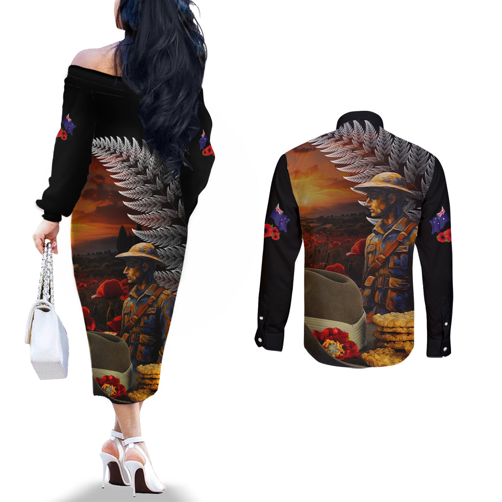 Slouch Hat and Biscuits ANZAC Couples Matching Off The Shoulder Long Sleeve Dress and Long Sleeve Button Shirt with Soldier Silver Fern