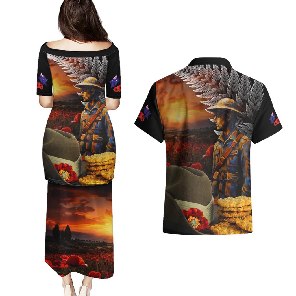 Slouch Hat and Biscuits ANZAC Couples Matching Puletasi and Hawaiian Shirt with Soldier Silver Fern