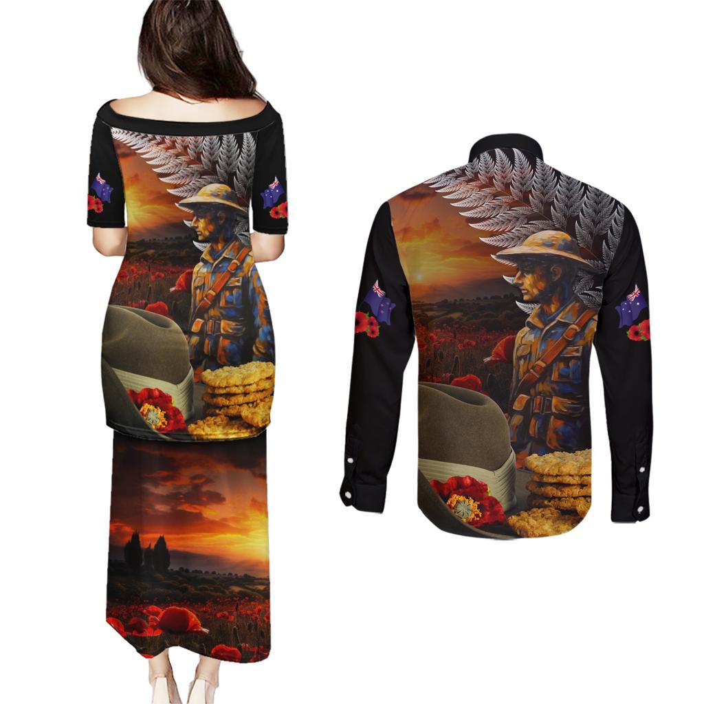 Slouch Hat and Biscuits ANZAC Couples Matching Puletasi and Long Sleeve Button Shirt with Soldier Silver Fern