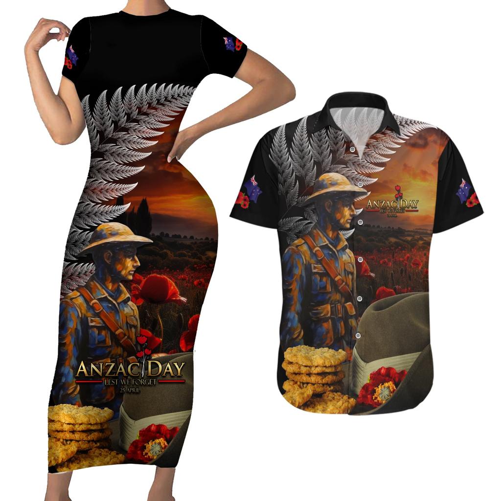 Slouch Hat and Biscuits ANZAC Couples Matching Short Sleeve Bodycon Dress and Hawaiian Shirt with Soldier Silver Fern