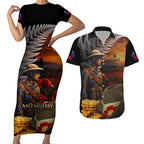 Slouch Hat and Biscuits ANZAC Couples Matching Short Sleeve Bodycon Dress and Hawaiian Shirt with Soldier Silver Fern