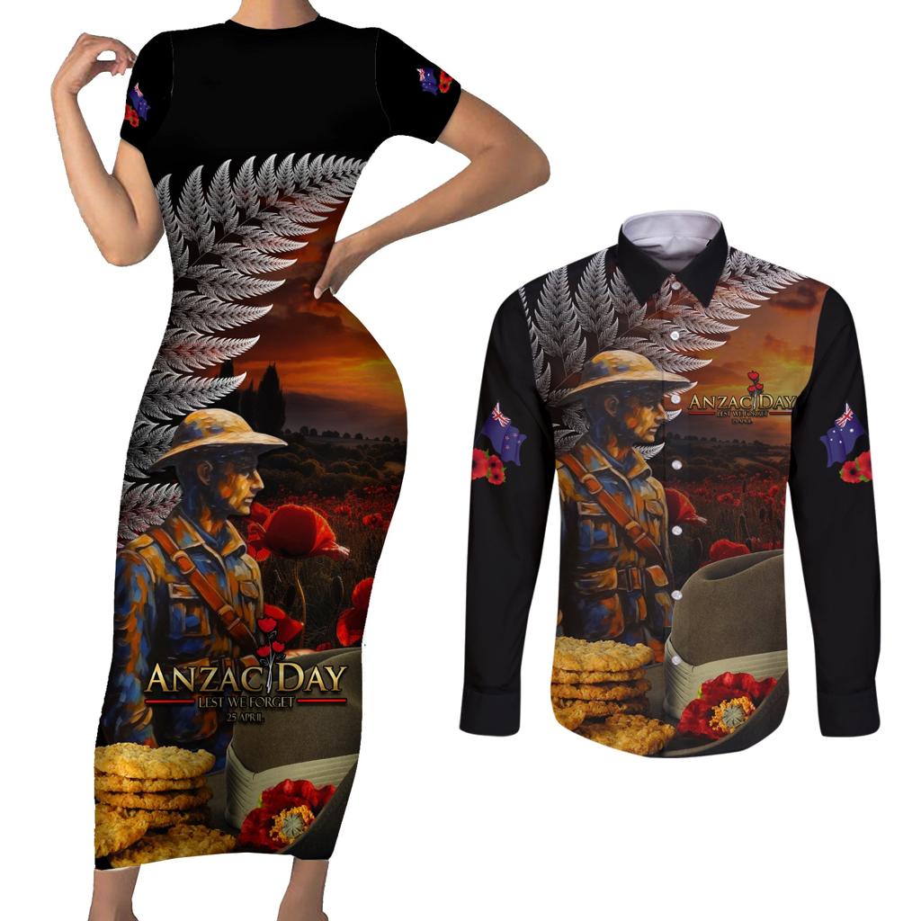 Slouch Hat and Biscuits ANZAC Couples Matching Short Sleeve Bodycon Dress and Long Sleeve Button Shirt with Soldier Silver Fern