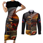 Slouch Hat and Biscuits ANZAC Couples Matching Short Sleeve Bodycon Dress and Long Sleeve Button Shirt with Soldier Silver Fern