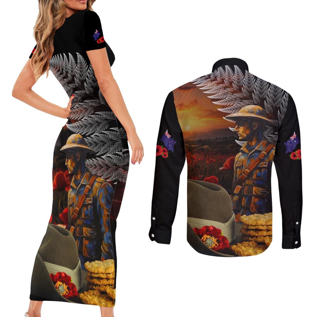 Slouch Hat and Biscuits ANZAC Couples Matching Short Sleeve Bodycon Dress and Long Sleeve Button Shirt with Soldier Silver Fern