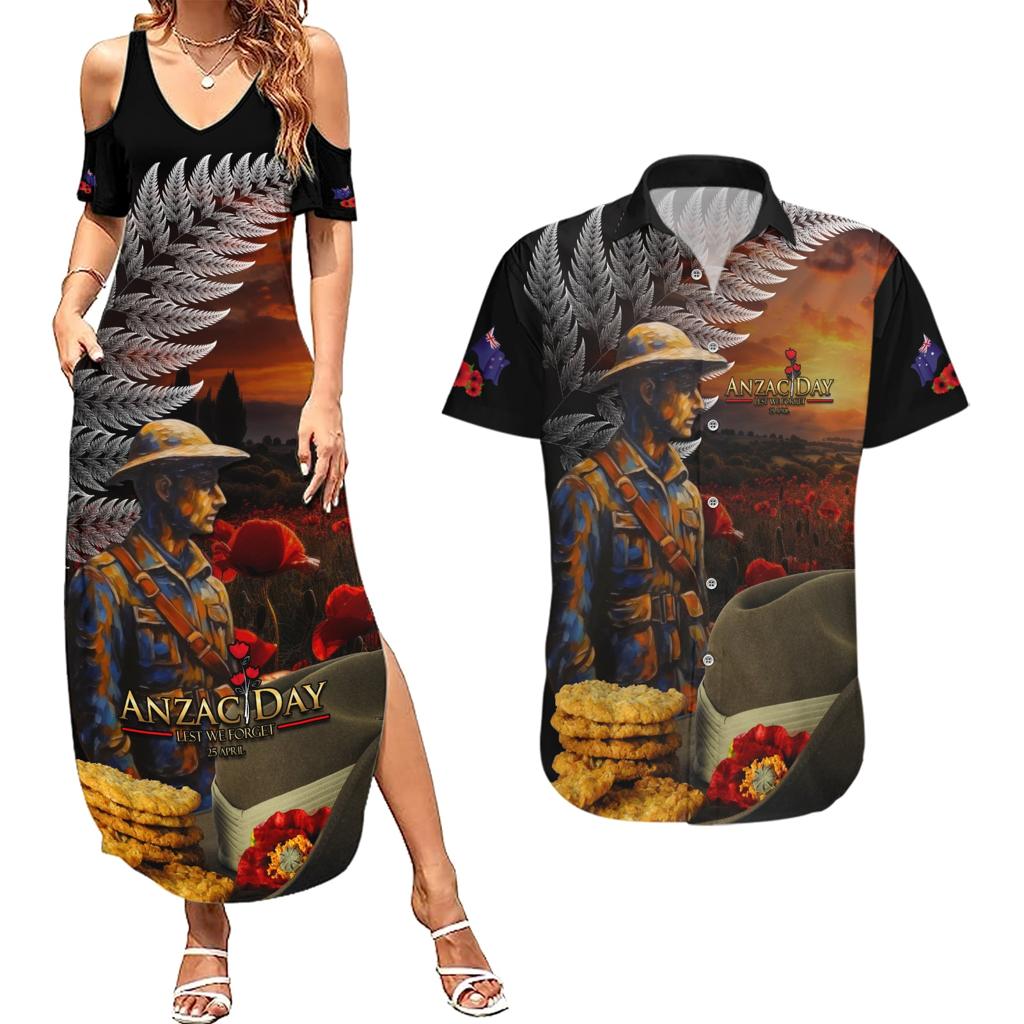 Slouch Hat and Biscuits ANZAC Couples Matching Summer Maxi Dress and Hawaiian Shirt with Soldier Silver Fern