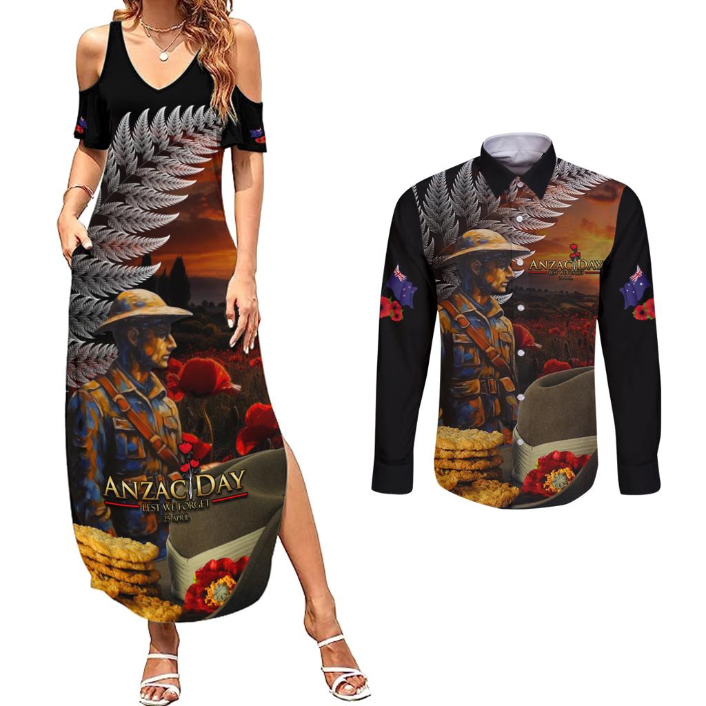 Slouch Hat and Biscuits ANZAC Couples Matching Summer Maxi Dress and Long Sleeve Button Shirt with Soldier Silver Fern