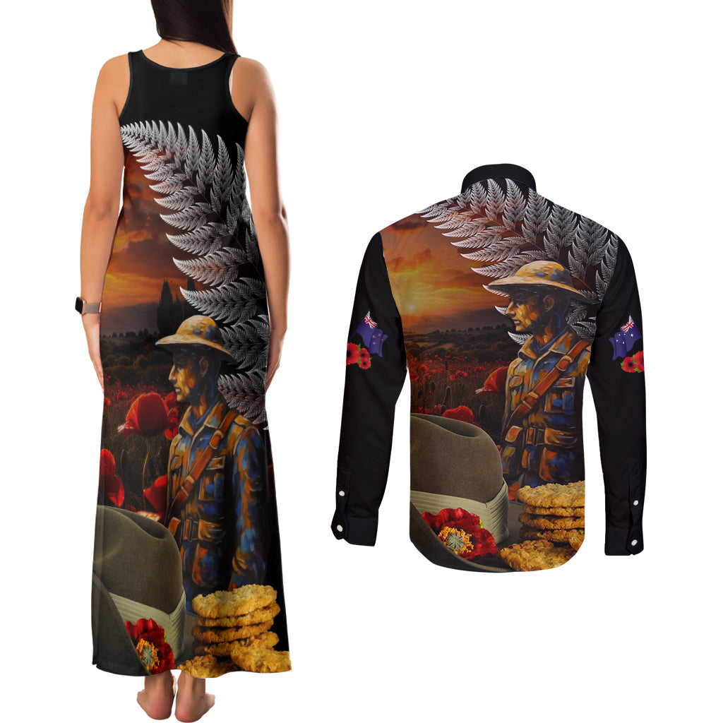 Slouch Hat and Biscuits ANZAC Couples Matching Tank Maxi Dress and Long Sleeve Button Shirt with Soldier Silver Fern