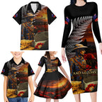 Slouch Hat and Biscuits ANZAC Family Matching Long Sleeve Bodycon Dress and Hawaiian Shirt with Soldier Silver Fern