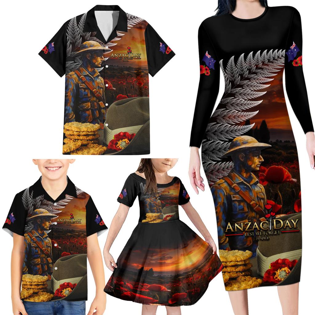 Slouch Hat and Biscuits ANZAC Family Matching Long Sleeve Bodycon Dress and Hawaiian Shirt with Soldier Silver Fern