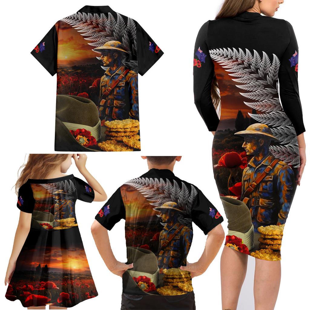 Slouch Hat and Biscuits ANZAC Family Matching Long Sleeve Bodycon Dress and Hawaiian Shirt with Soldier Silver Fern