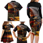 Slouch Hat and Biscuits ANZAC Family Matching Long Sleeve Bodycon Dress and Hawaiian Shirt with Soldier Silver Fern