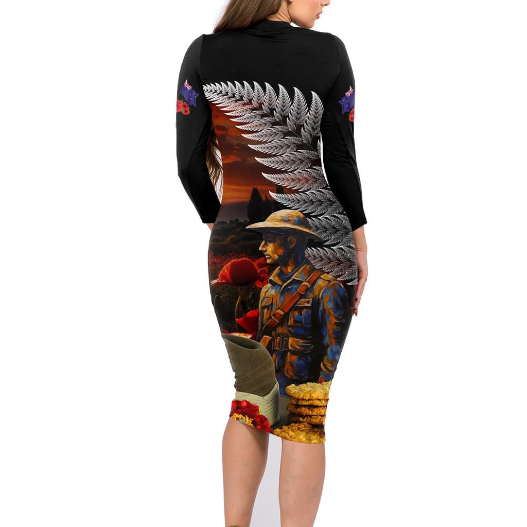 Slouch Hat and Biscuits ANZAC Family Matching Long Sleeve Bodycon Dress and Hawaiian Shirt with Soldier Silver Fern