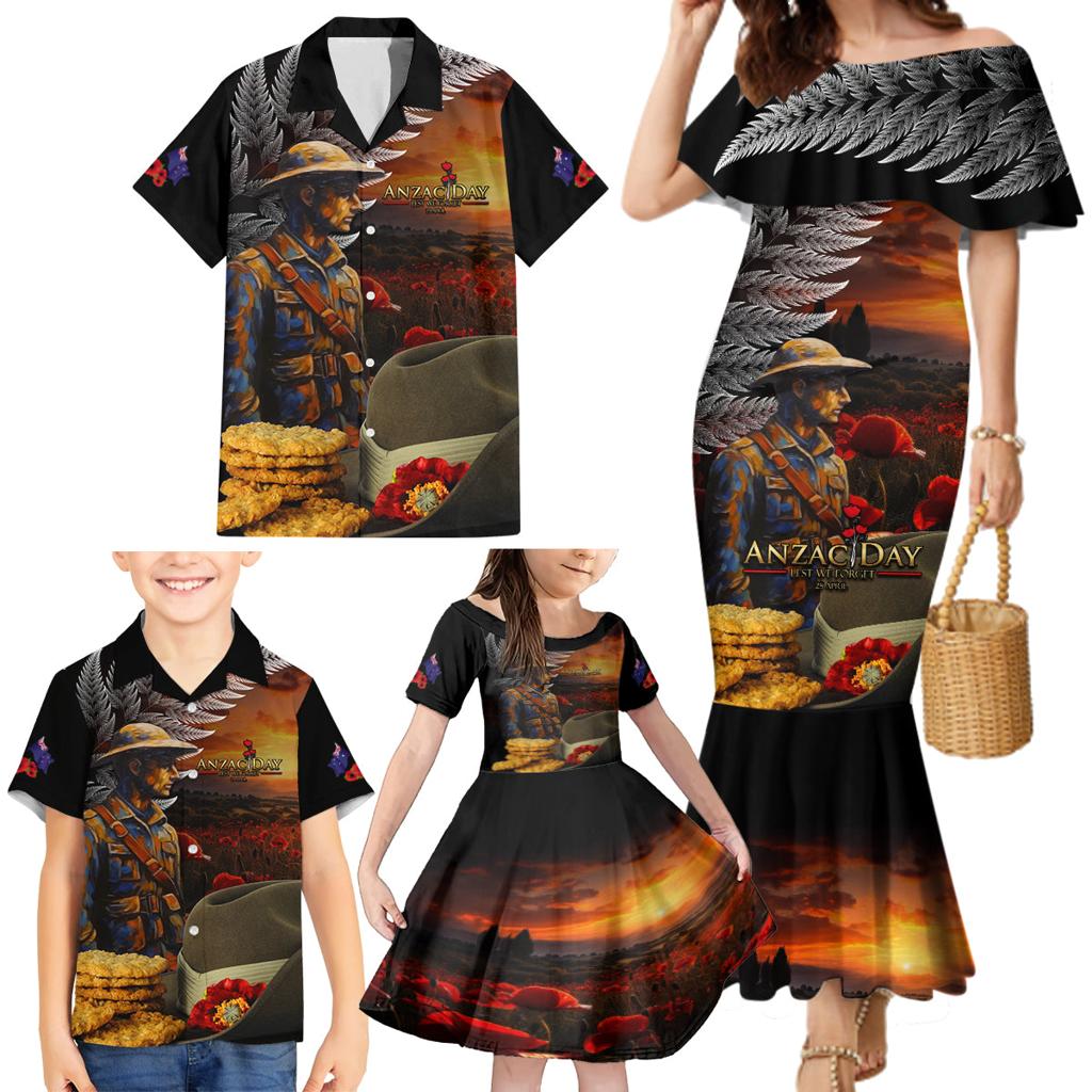 Slouch Hat and Biscuits ANZAC Family Matching Mermaid Dress and Hawaiian Shirt with Soldier Silver Fern