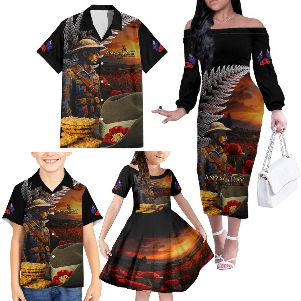 Slouch Hat and Biscuits ANZAC Family Matching Off Shoulder Long Sleeve Dress and Hawaiian Shirt with Soldier Silver Fern