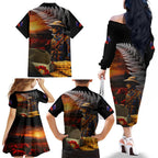 Slouch Hat and Biscuits ANZAC Family Matching Off Shoulder Long Sleeve Dress and Hawaiian Shirt with Soldier Silver Fern