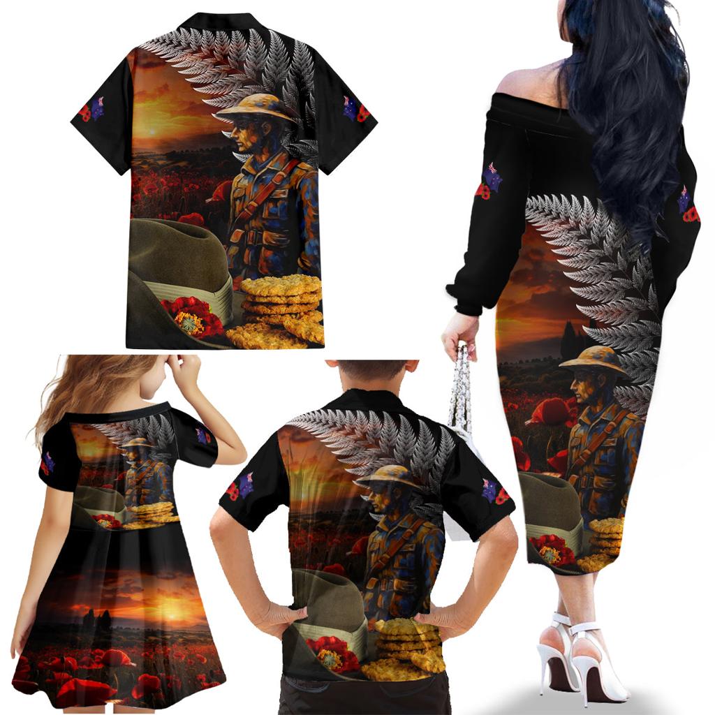 Slouch Hat and Biscuits ANZAC Family Matching Off Shoulder Long Sleeve Dress and Hawaiian Shirt with Soldier Silver Fern