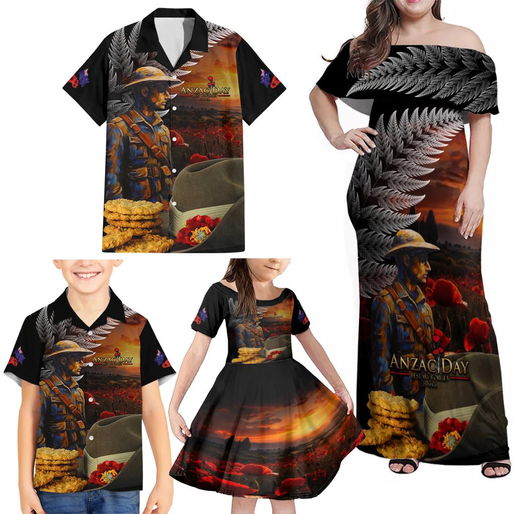 Slouch Hat and Biscuits ANZAC Family Matching Off Shoulder Maxi Dress and Hawaiian Shirt with Soldier Silver Fern
