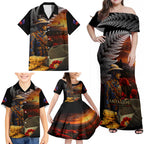 Slouch Hat and Biscuits ANZAC Family Matching Off Shoulder Maxi Dress and Hawaiian Shirt with Soldier Silver Fern