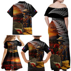 Slouch Hat and Biscuits ANZAC Family Matching Off Shoulder Maxi Dress and Hawaiian Shirt with Soldier Silver Fern