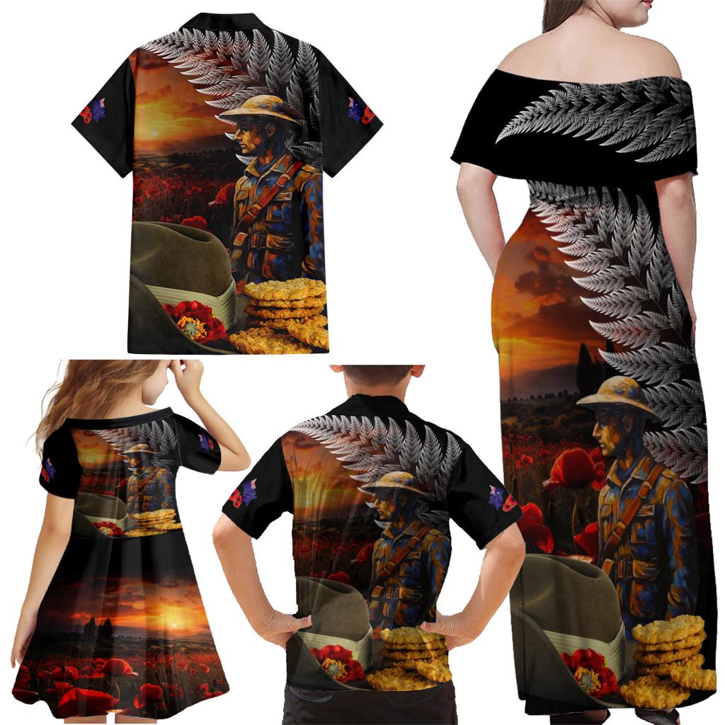 Slouch Hat and Biscuits ANZAC Family Matching Off Shoulder Maxi Dress and Hawaiian Shirt with Soldier Silver Fern