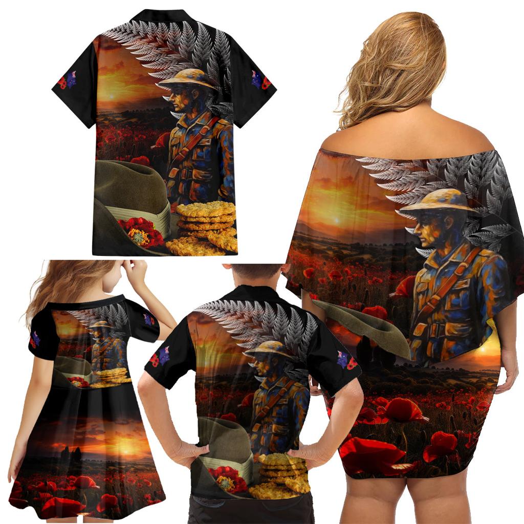 Slouch Hat and Biscuits ANZAC Family Matching Off Shoulder Short Dress and Hawaiian Shirt with Soldier Silver Fern