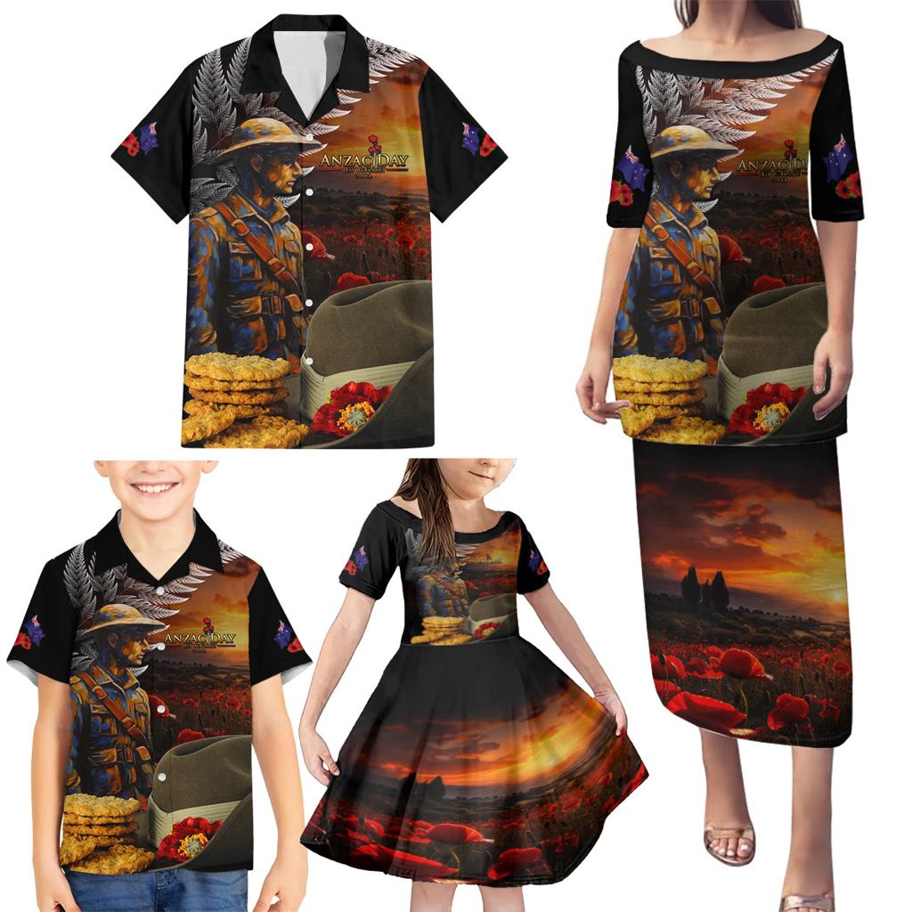 Slouch Hat and Biscuits ANZAC Family Matching Puletasi and Hawaiian Shirt with Soldier Silver Fern