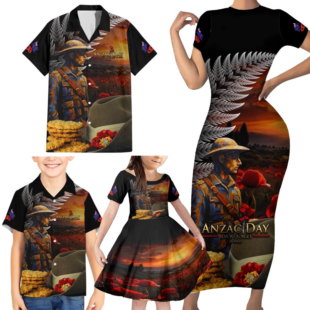 Slouch Hat and Biscuits ANZAC Family Matching Short Sleeve Bodycon Dress and Hawaiian Shirt with Soldier Silver Fern