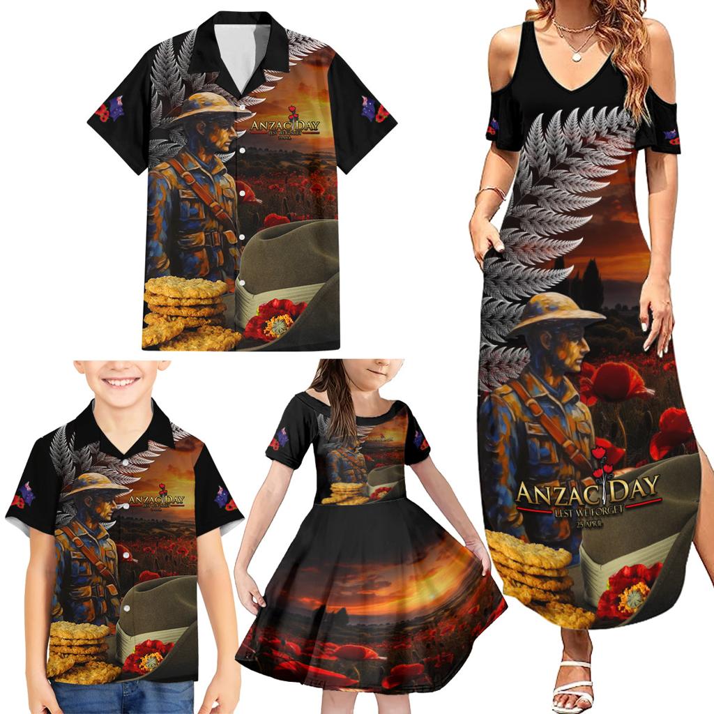 Slouch Hat and Biscuits ANZAC Family Matching Summer Maxi Dress and Hawaiian Shirt with Soldier Silver Fern