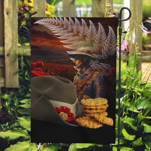 Slouch Hat and Biscuits ANZAC Garden Flag with Soldier Silver Fern
