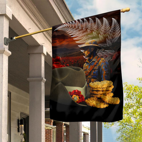 Slouch Hat and Biscuits ANZAC Garden Flag with Soldier Silver Fern