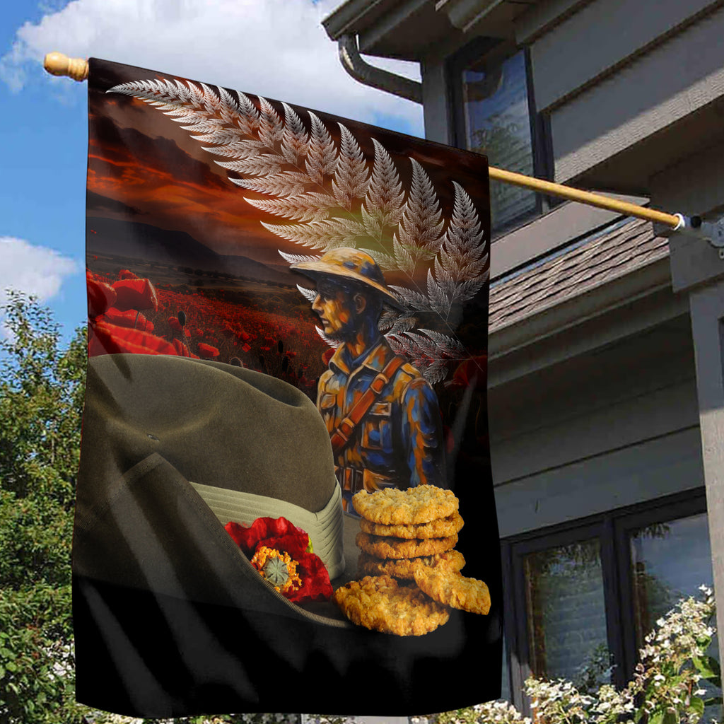 Slouch Hat and Biscuits ANZAC Garden Flag with Soldier Silver Fern