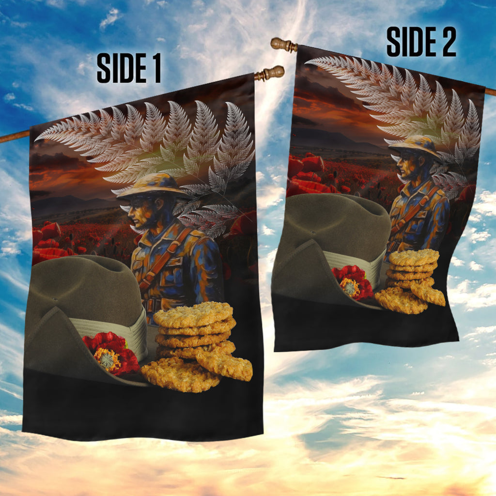 Slouch Hat and Biscuits ANZAC Garden Flag with Soldier Silver Fern