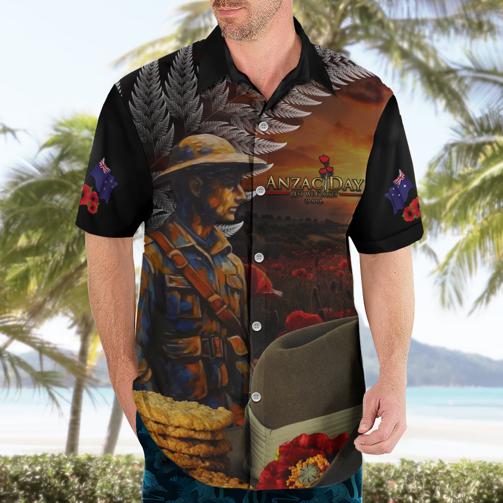 Slouch Hat and Biscuits ANZAC Hawaiian Shirt with Soldier Silver Fern