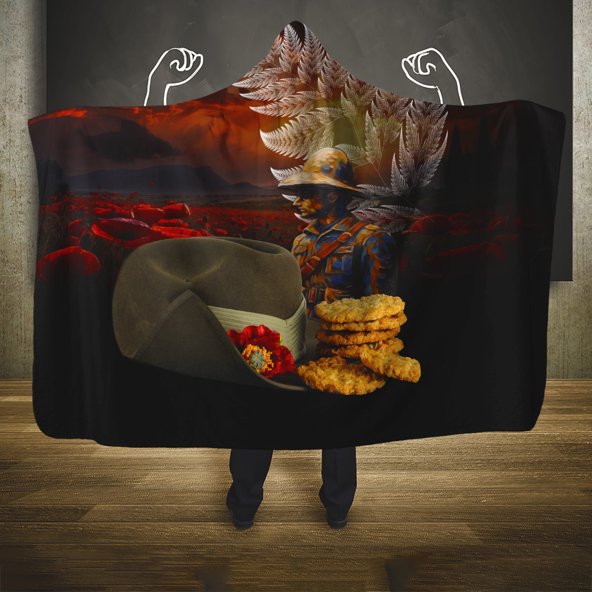 Slouch Hat and Biscuits ANZAC Hooded Blanket with Soldier Silver Fern