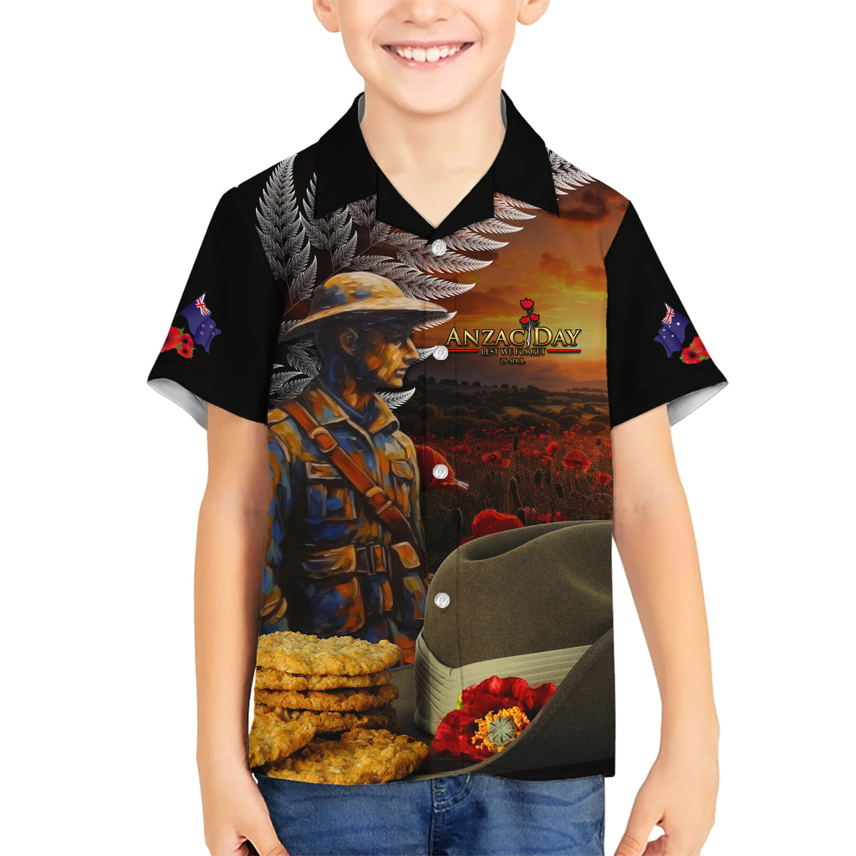 Slouch Hat and Biscuits ANZAC Kid Hawaiian Shirt with Soldier Silver Fern