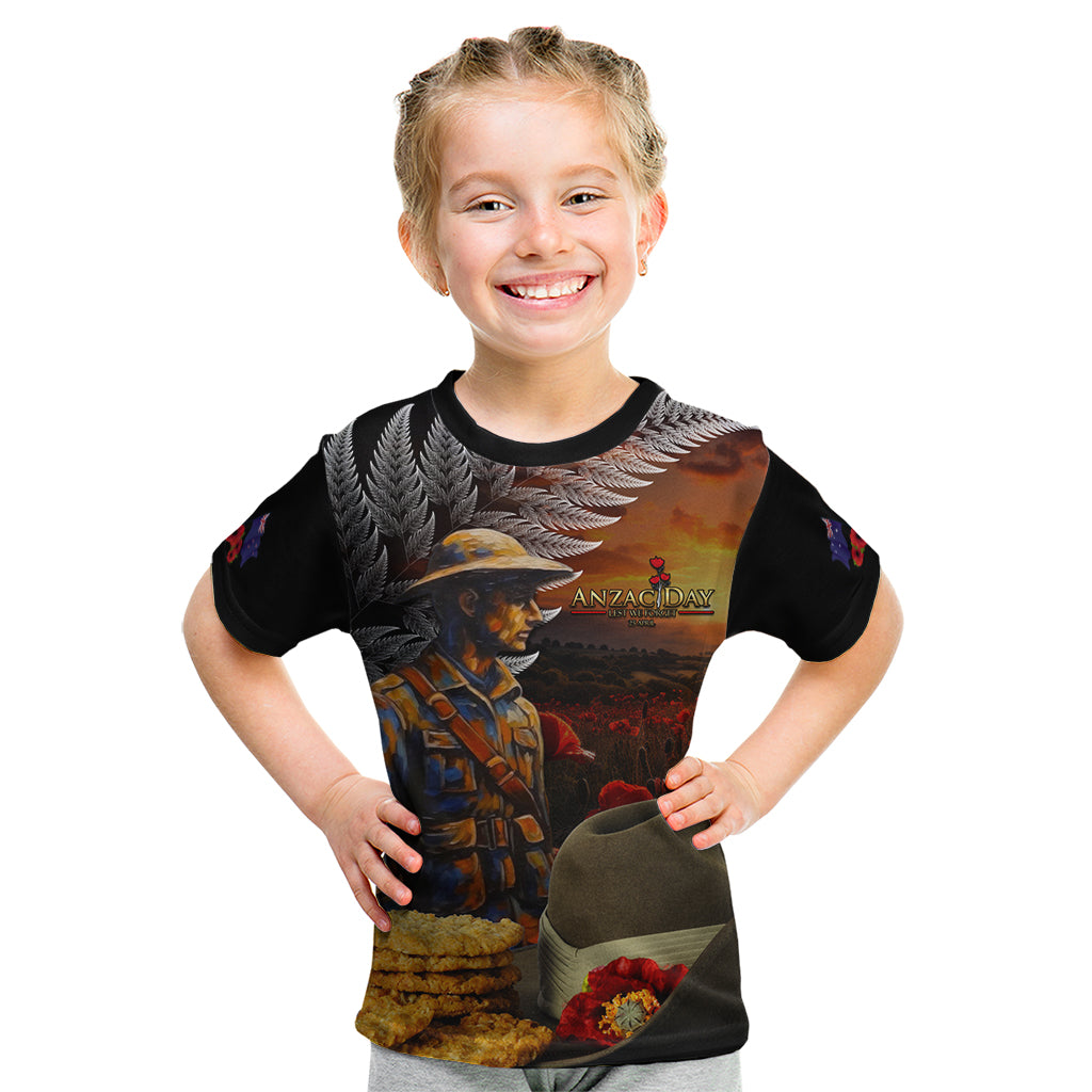 Slouch Hat and Biscuits ANZAC Kid T Shirt with Soldier Silver Fern