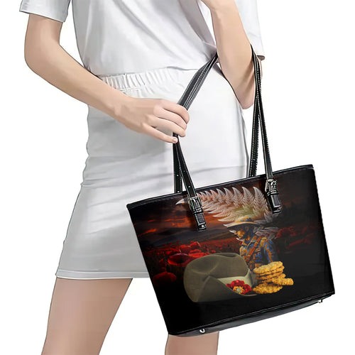 Slouch Hat and Biscuits ANZAC Leather Tote Bag with Soldier Silver Fern