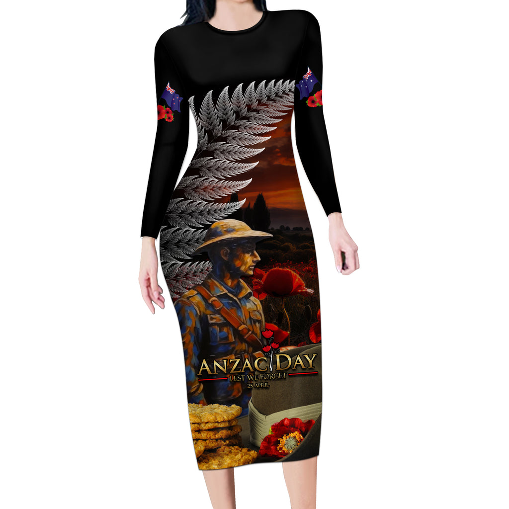 Slouch Hat and Biscuits ANZAC Long Sleeve Bodycon Dress with Soldier Silver Fern