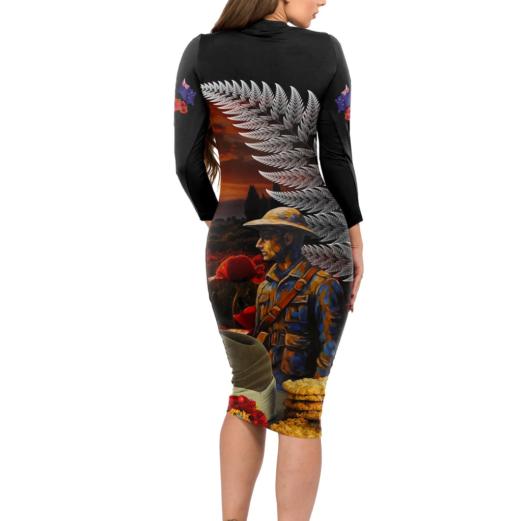 Slouch Hat and Biscuits ANZAC Long Sleeve Bodycon Dress with Soldier Silver Fern