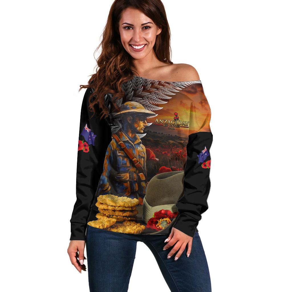Slouch Hat and Biscuits ANZAC Off Shoulder Sweater with Soldier Silver Fern