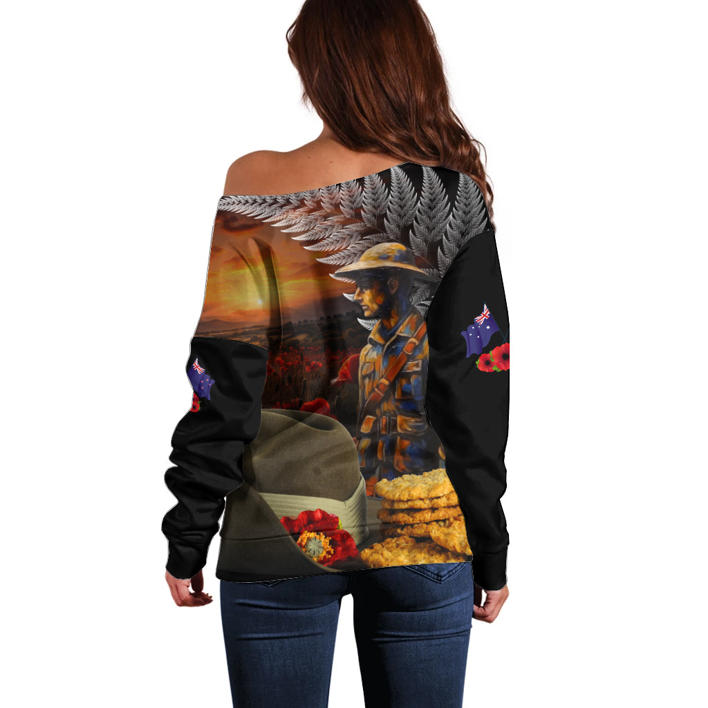 Slouch Hat and Biscuits ANZAC Off Shoulder Sweater with Soldier Silver Fern