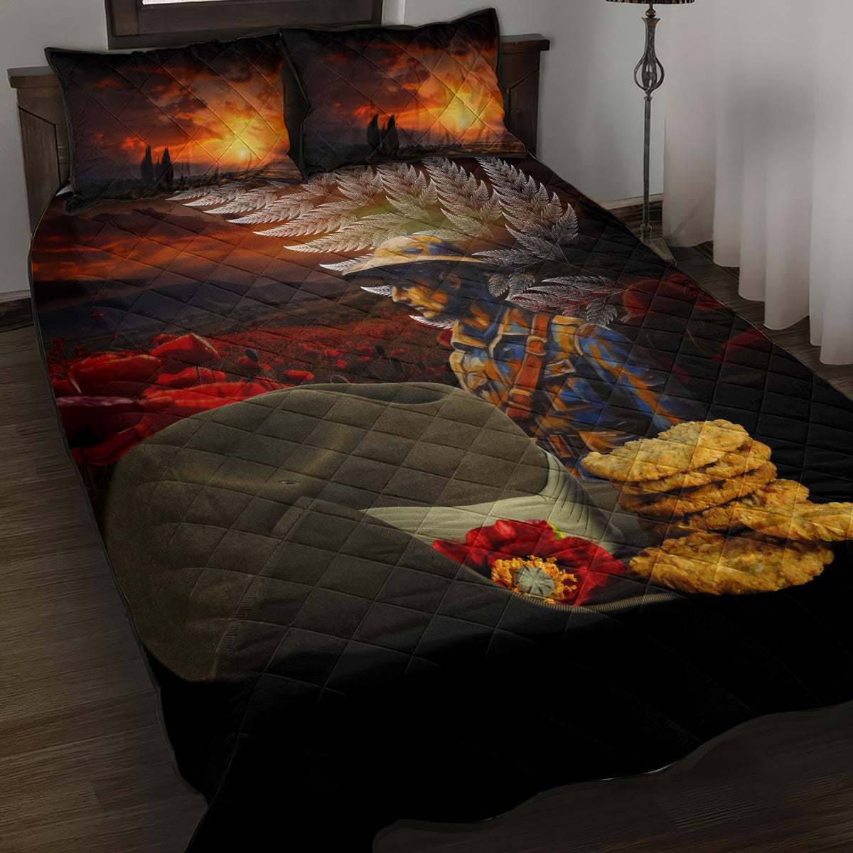 Slouch Hat and Biscuits ANZAC Quilt Bed Set with Soldier Silver Fern