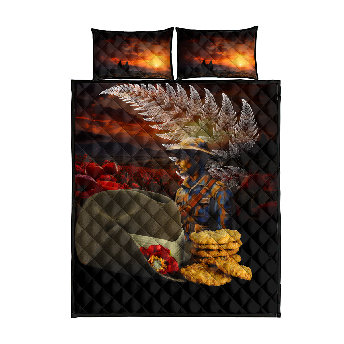 Slouch Hat and Biscuits ANZAC Quilt Bed Set with Soldier Silver Fern